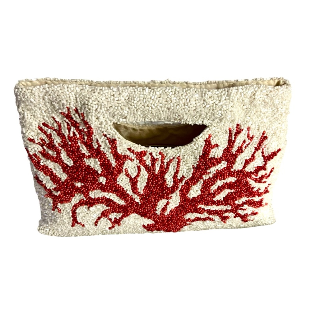 Moyna White and Red Beaded Clutch